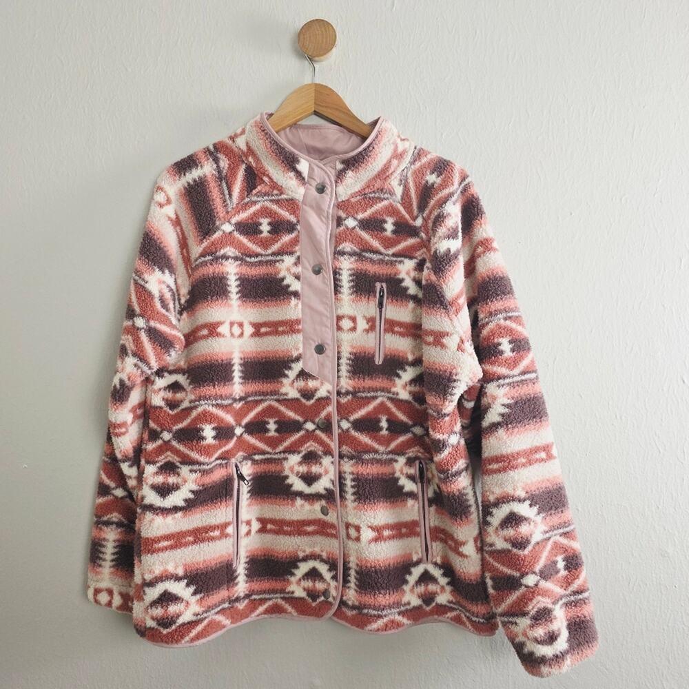 Olive & Leaf Aztec Pink Cream Sherpa Fleece Teddy Jacket Large Boho Western Coat
